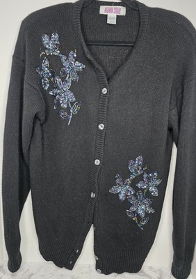 Vtg Y2K Amanda Smith Black Cardigan L Silk Angora Rabbit Sequin Fairy Goth Glam