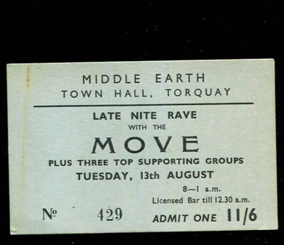 THE MOVE :  original UK 60s  Gig Ticket : Middle Earth, Town Hall, Torquay *