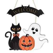 Halloween Decoration Wooden Ghost Door Halloween Wreath for Front Door Sign W...