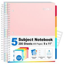 5 Subject Notebook College Ruled - 400 Pages, 9"x11", 5 Pocket Colored Divide...