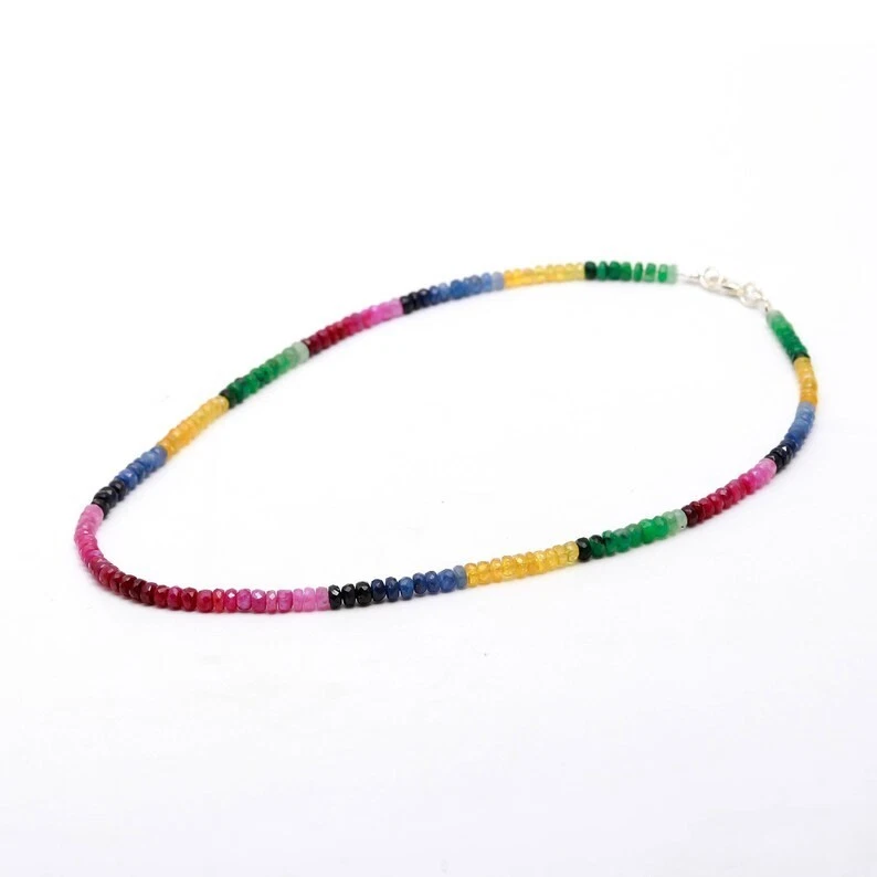 Collares de mujer con cuentas de piedras preciosas rondelle facetadas de zafiro multicolor de 3-4 mm 18" Foto 2 de 4