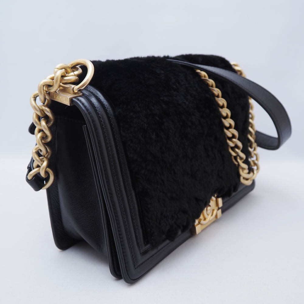 CHANEL Boy Chain Shoulder Bag Black Fur Calfskin A966464