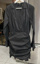 Blue Blush BLACK COLLAR V NECK WRAP Long Sleeve Mini Dress SZ Small RUCHED SIDES