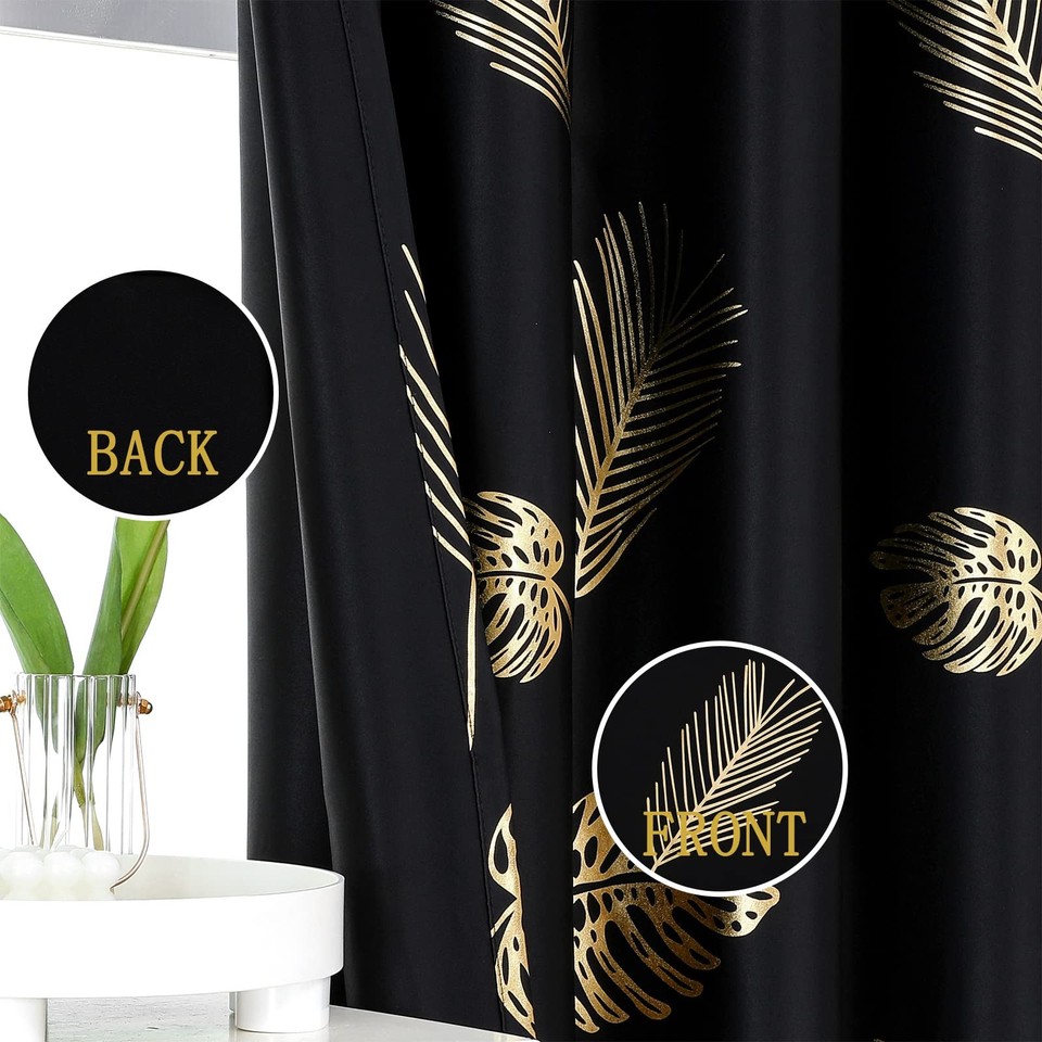 Palm Tree Leaf and Wheat Blackout Curtains Thermal Insulated Gold Print ...