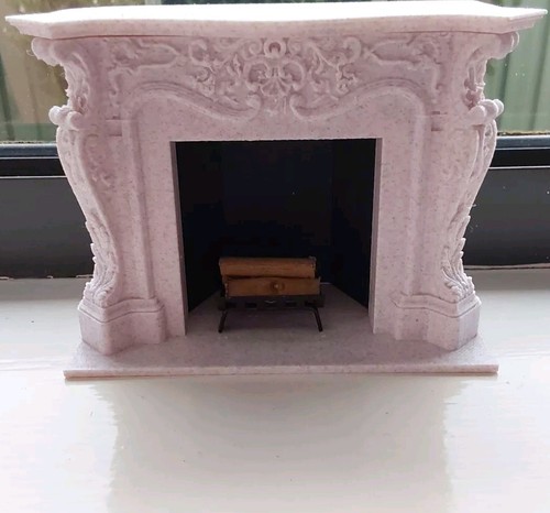 Miniatures Dollhouse Fireplace, Grate & Firewood White Marble Look 1/12th Scale  - Picture 1 of 8
