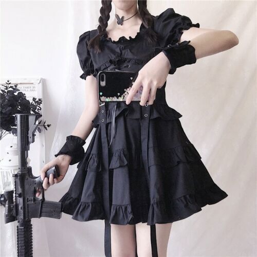 Japanische Lolita Prinzessin Schwarz Gothic Sexy Mini Bad Girl Kleid Kawaii High Waist - Bild 6 von 7