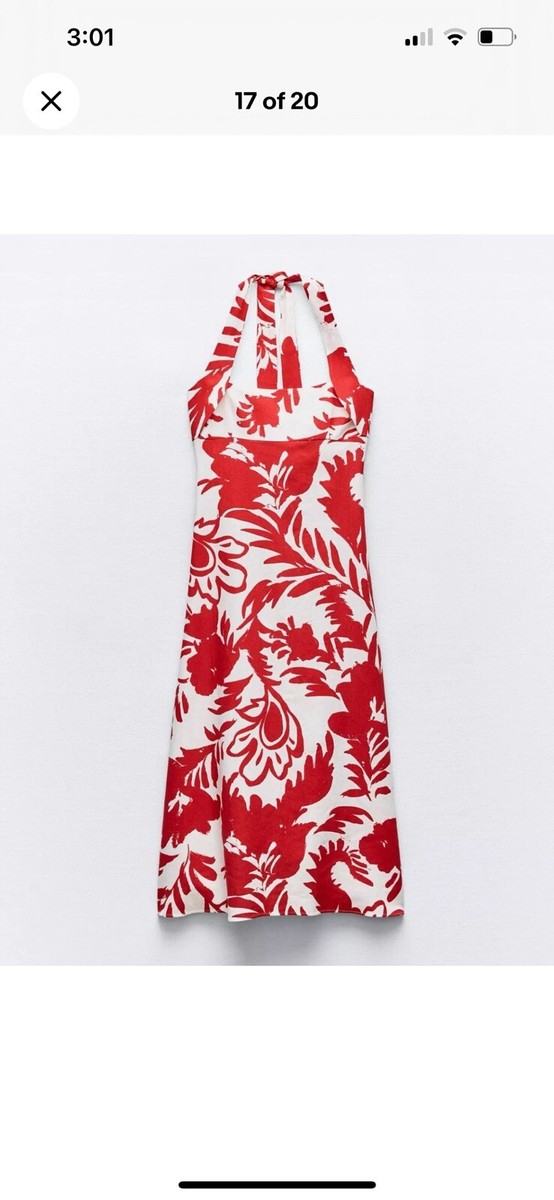 ZARA SS24 WOMAN MIDI PRINTED LINEN BLEND DRESS WHITE RED L