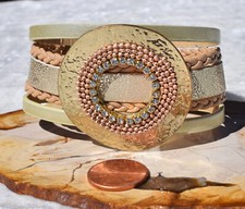 Gold Circle Rhinestone Bead Design on 5 Leather Strands Magnetic Clasp Cuff