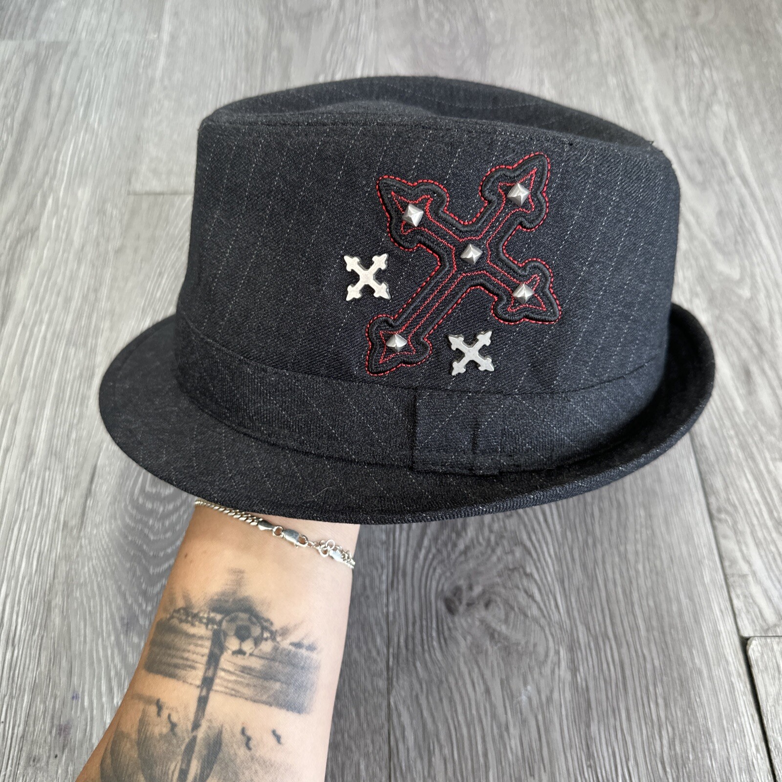 Edgy Black Fedora with Cross Studs & Stripes - Size Small-image