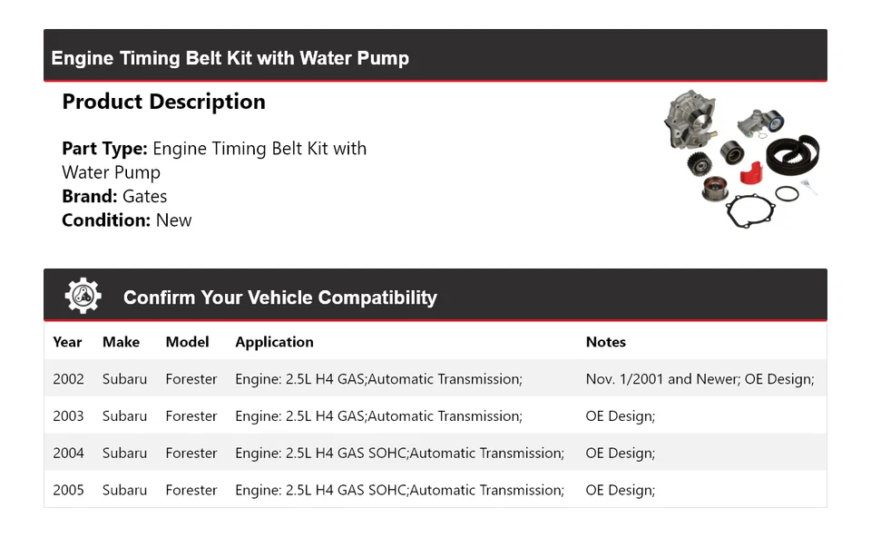 Kit de correia dentada para motor Subaru Forester 2002-2005 com portões de bomba de água 2003 - Imagem 2 de 3