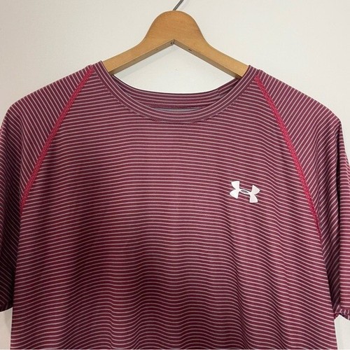 Under Armour Men's Size:Large Burgundy Red & Gray Striped Short Sleeve Shirt - Picture 2 of 6