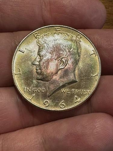 1964 P Kennedy Silver Half Dollar 90% Us Coin Rainbow Toned Au / Inc