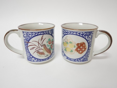 2 Vintage Stoneware Mugs Blue Brown Rim Floral Pheasant Dove Glazed Coffee Cups - Picture 3 of 6