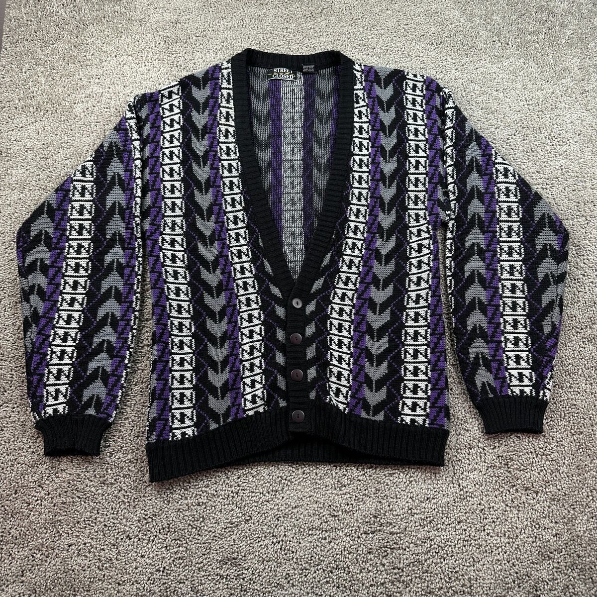 VTG Street Closed Sweater Mens M Black Purple Geometric VTG Street Closed Sweater Mens M Black Purple Geometric