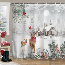 Winter Christmas Shower Curtain Xmas Pine Tree Cardinal Deer Nature Forest White