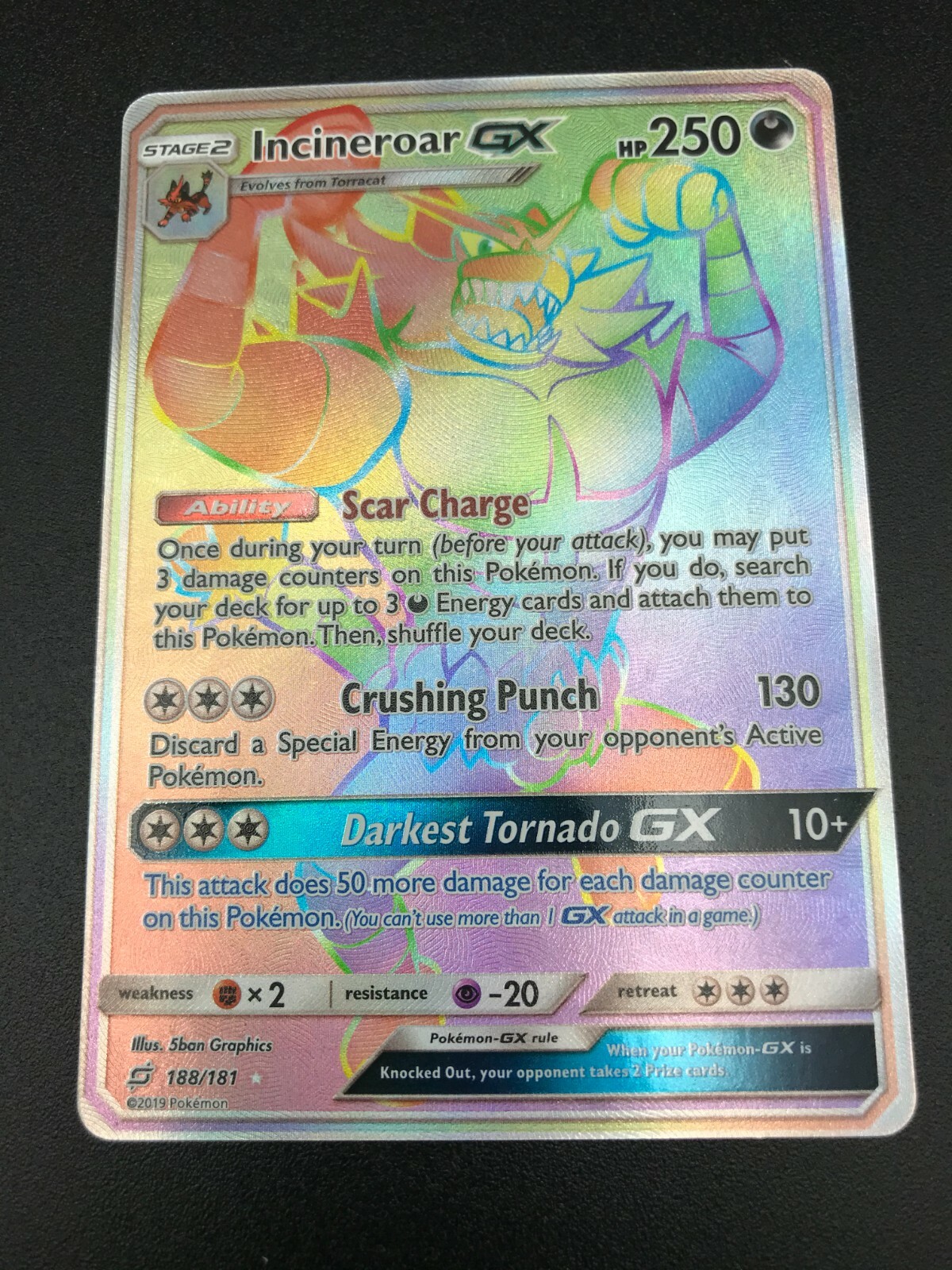 Incineroar GX 188/181 HYPER SECRET RARE Pokemon SM Team Up NM 2019 Holo