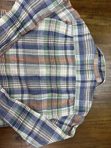 Camisa Tommy Bahama Azul Mas Madras Cuadros 100% Lino Multicolor Manga Larga Grande - Imagen 10 de 13