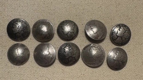 Set of 10 Silver Mercury Dime Buttons with Copper Shanks #2