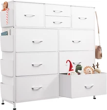 White Dresser for Bedroom with 10 Drawers, Chest of Drawers with Side Pockets an