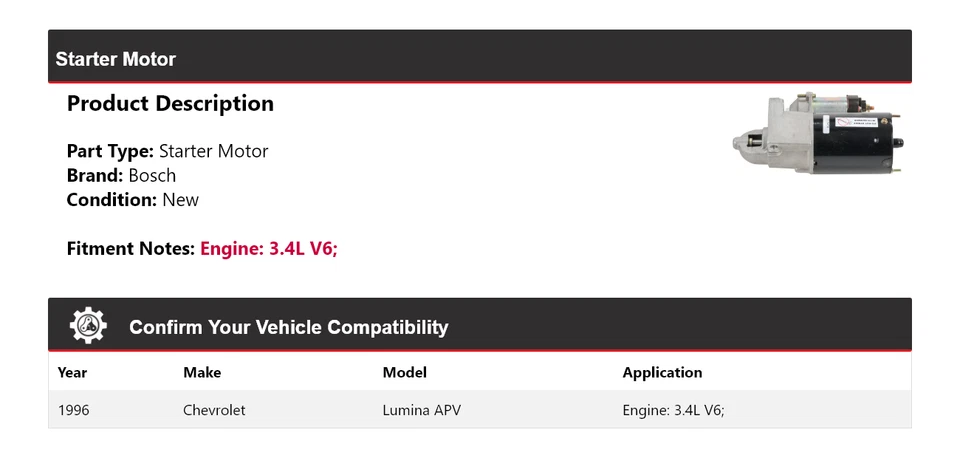 Chevrolet Lumina 1996 APV 3,4 L V6 arranque Bosch (nuevo) Foto 2 de 4