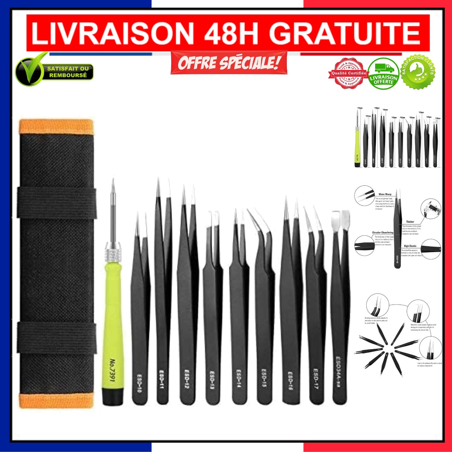 Pincettes ESD antistatiques pour manipuler les petits composants sans électricité