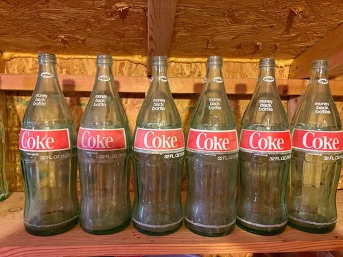 6 Vintage  Coke 1970'Coca-Cola Bottle Green Glass 32 OZ Original Screw Cap 72-21