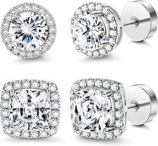 14K Flat Back round Square Stud Earrings for Men Women Large Big Cubic Zirconia