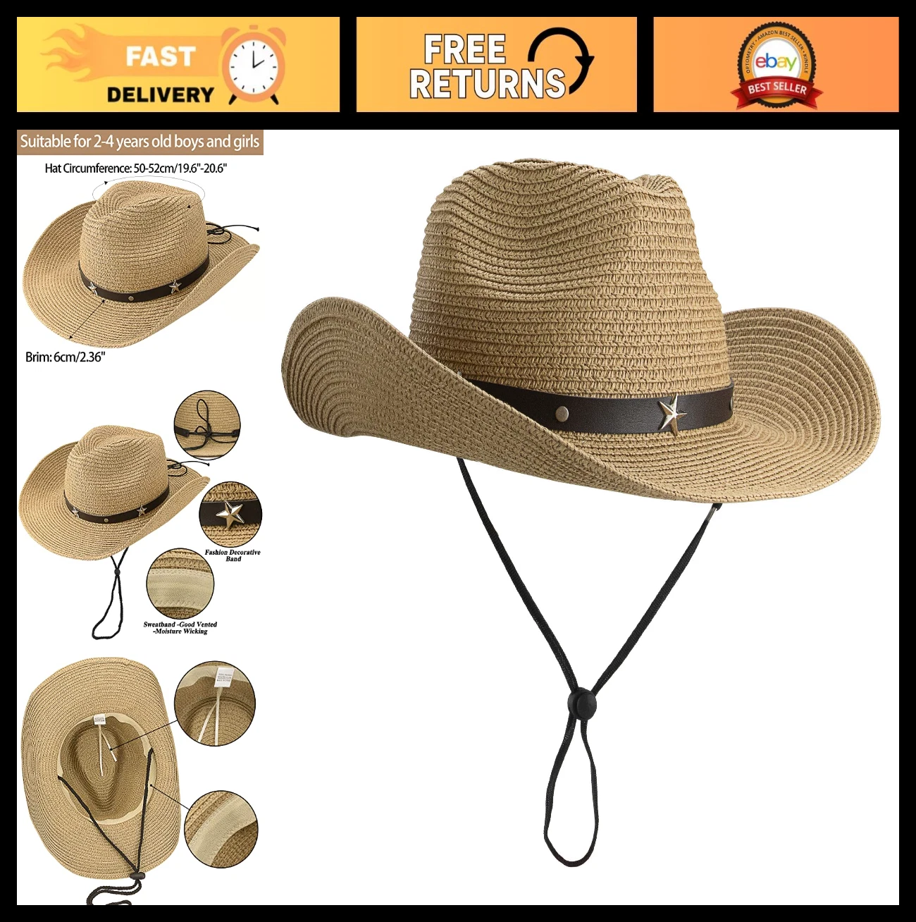 Summer Cowboy Hats for Toddlers & Kids, Wide Brim Sun Straw Western Hat 2-7 Yrs