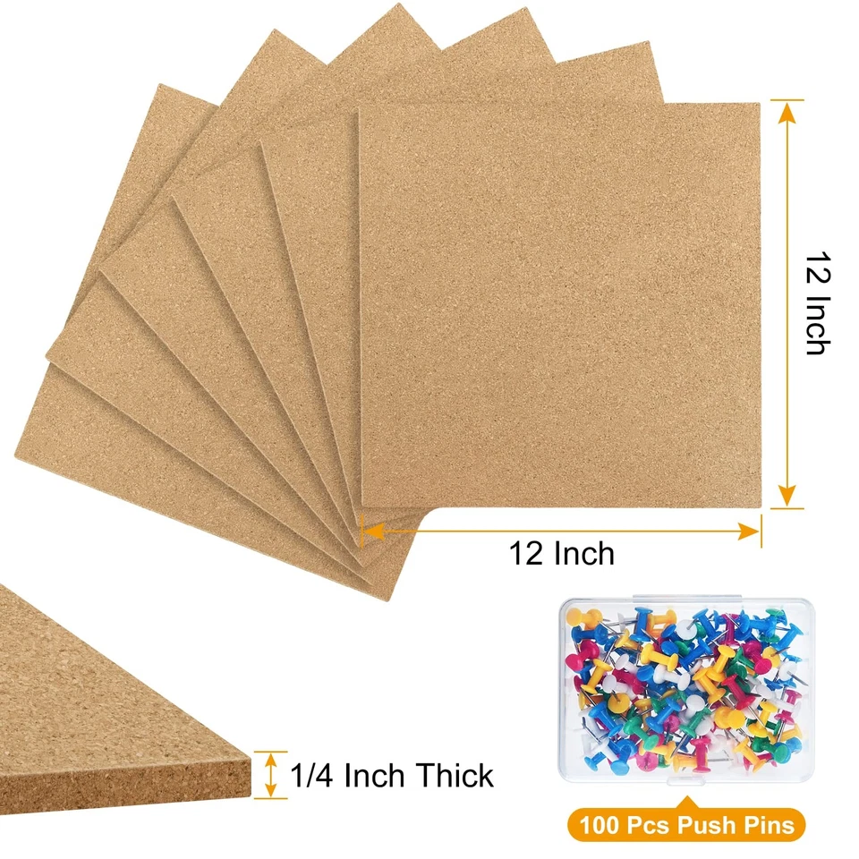 6 Pack Cork Board 12x12 - 1/4 Self-Adhesive Corkboards With 100 Push Pins, Bu... - Image 3 of 4