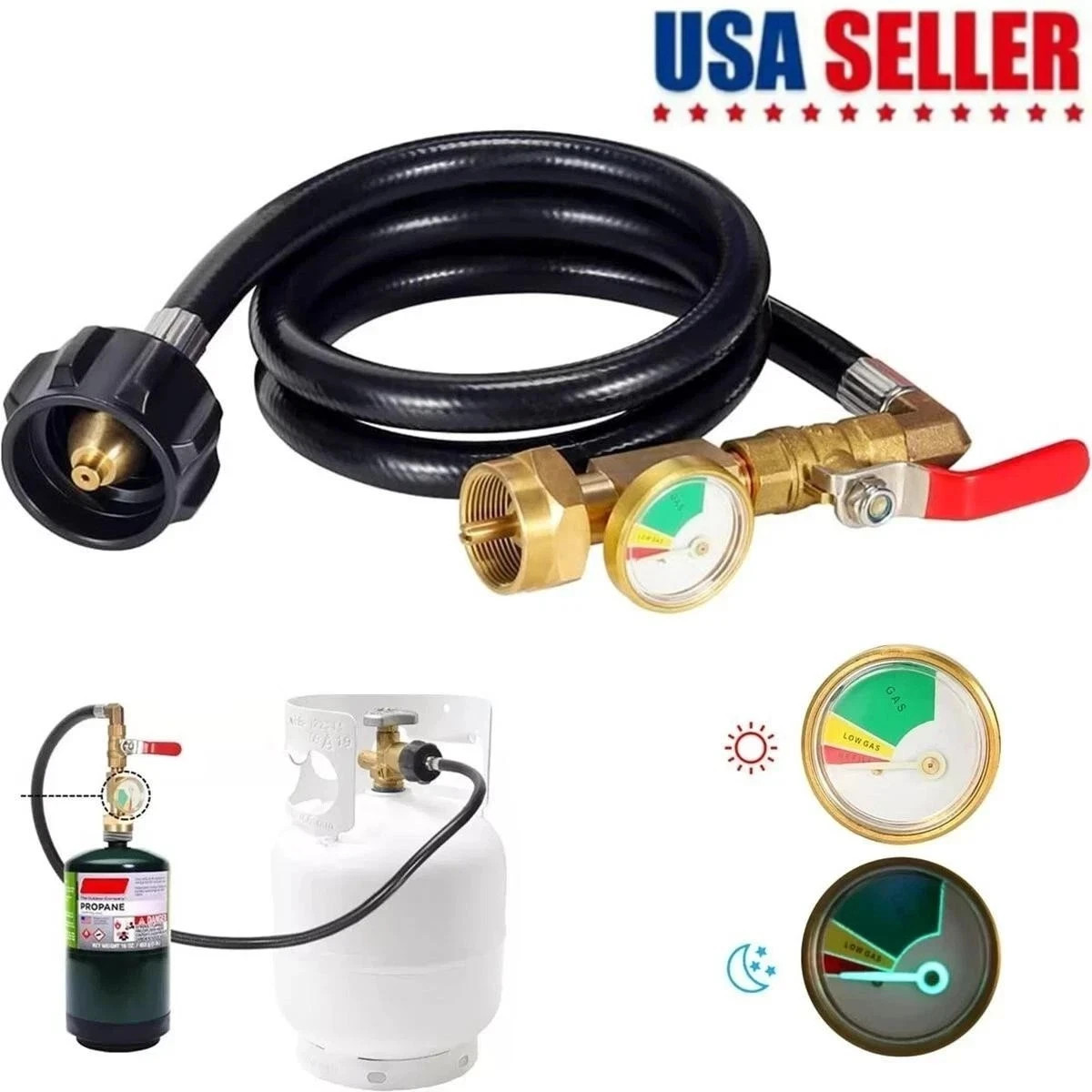 1LB To 20LB Propane Refill Adapter Extension Hose With Gauge On-Off Control 40''