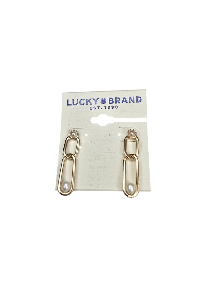 LUCKY BRAND SATIN GOLD PLATED WHITE FAUX PEARL PIERCED EARRINGS NWT - Image 2 of 3