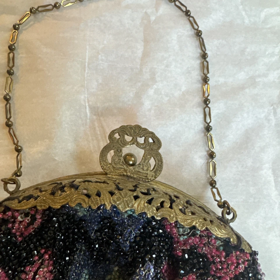 Antiguo Monedero Micro Cuentas Latón Filigrana Rosetas Victoriano Años 1900 De Colección Foto 2 de 4