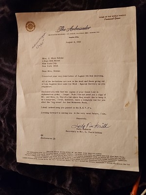 AUGUST 6 1965 LETTER ON AMBASSADOR HOTEL LETTERHEAD RE Hillevi Rombin Schine Etc