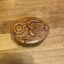 Vintage OHM SYMBOL WOOD PUZZLE BOX Trinket Box Great Condition Hand Made