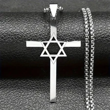 Fashion Stainless Steel Cross Pendant Necklace with Star of David Silvery