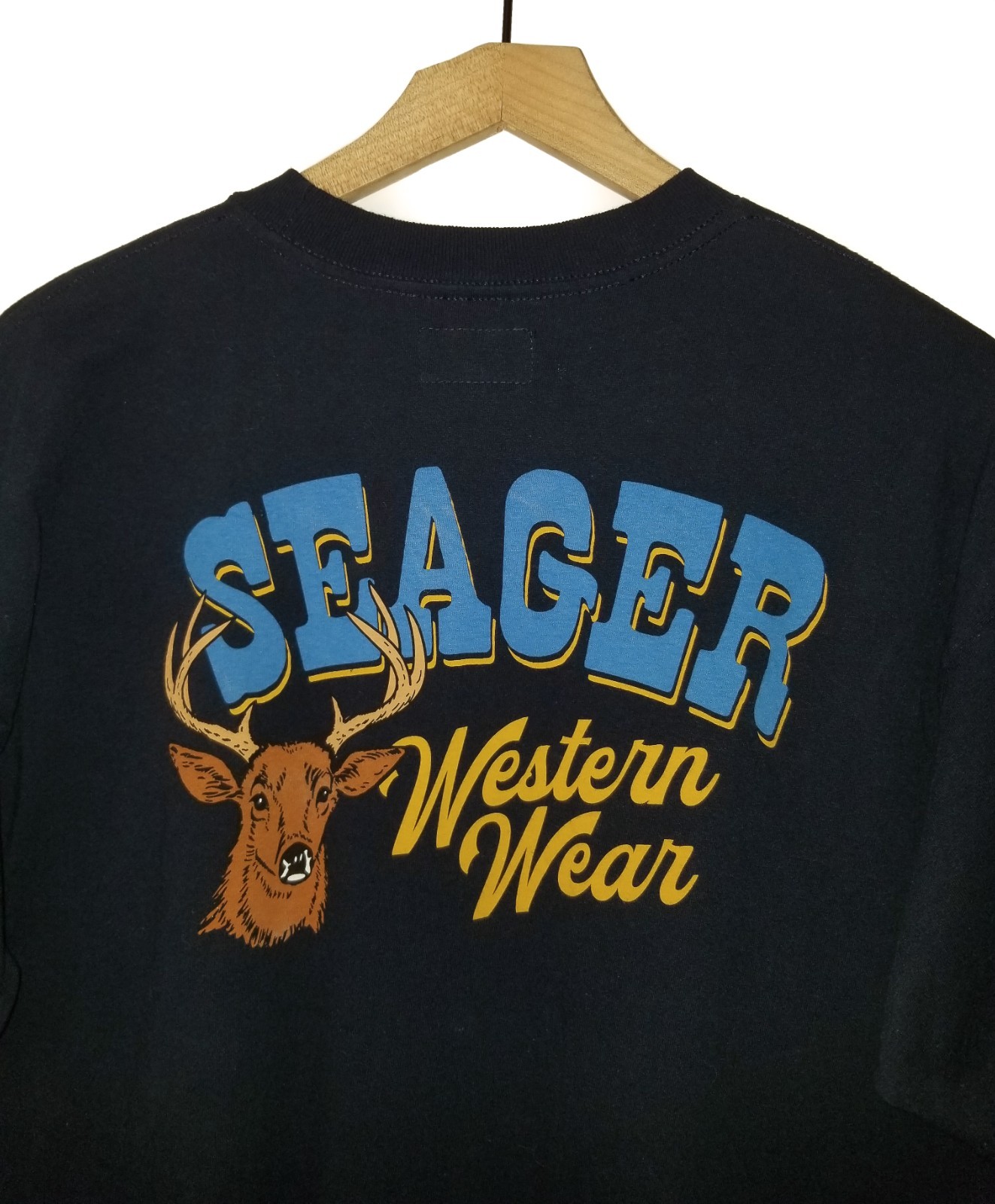 SEAGER Western Wear T-Shirt Navy Blue Elk Deer Graphic Tee Mens NEW XL