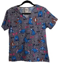 Disney Womens Eeyore Tug Piglet V Neck Short Sleeve Scrub Top XS Grey Pink Blue