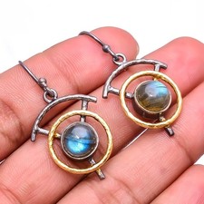 Labradorite Gemstone 925 Silver Black & Gold Rhodium Plated Earring 1.64