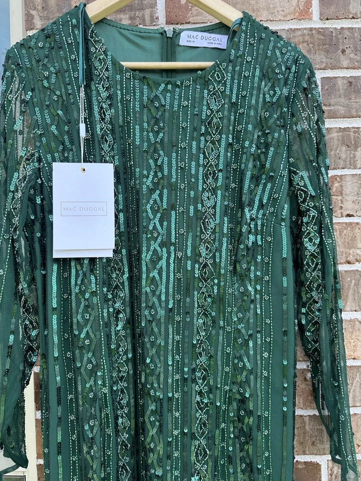 MAC DUGGAL 93874 emerald green dress 14 W Long Sleeve Beaded NWT NEW - Image 4 of 4