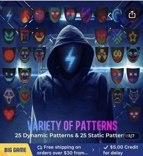 LED Gesture Control Full Face Mask, 50 Patterns, Rechargeable, Black, Halloween