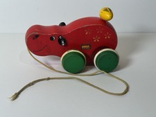 Vintage BRIO Sweden Wooden Hippo Pull Toy Red Green Wheels