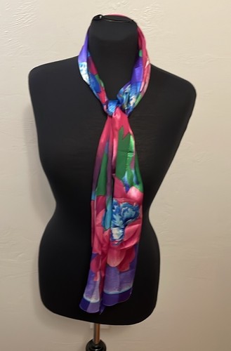 Silk Blend Vibrant Floral Pattern 58” x 12” Scarf. - Picture 2 of 7