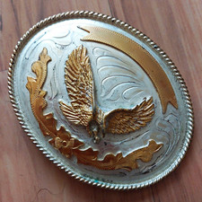 Alpaca Mexico Large Western Belt Buckle Engraved With Golden Soaring Eagle