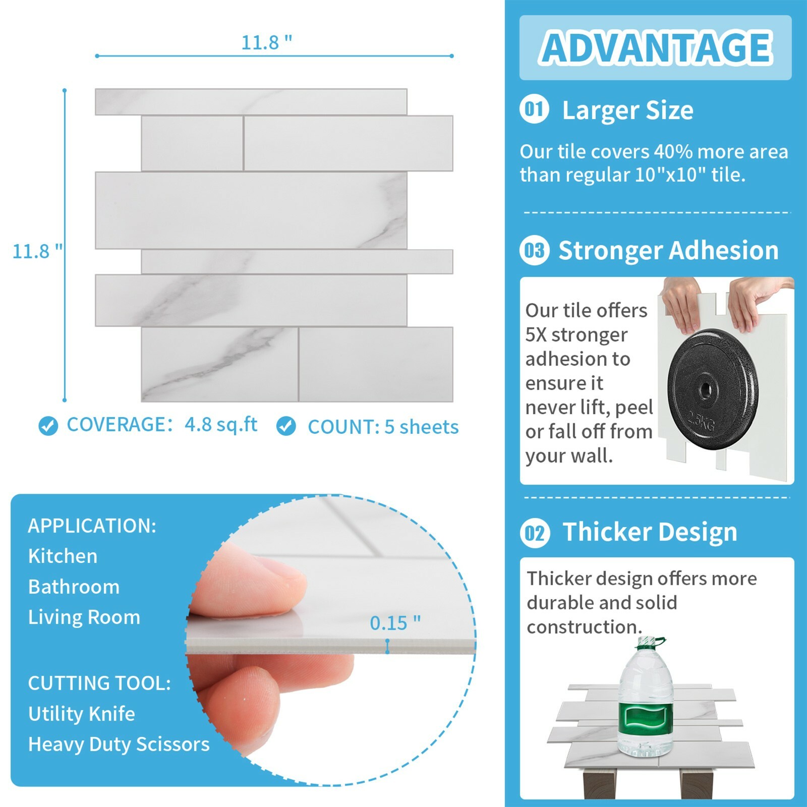 5 Sheets 11"x11" Marble Peel and Stick Backsplash Tile For Kitchen Bathroom
