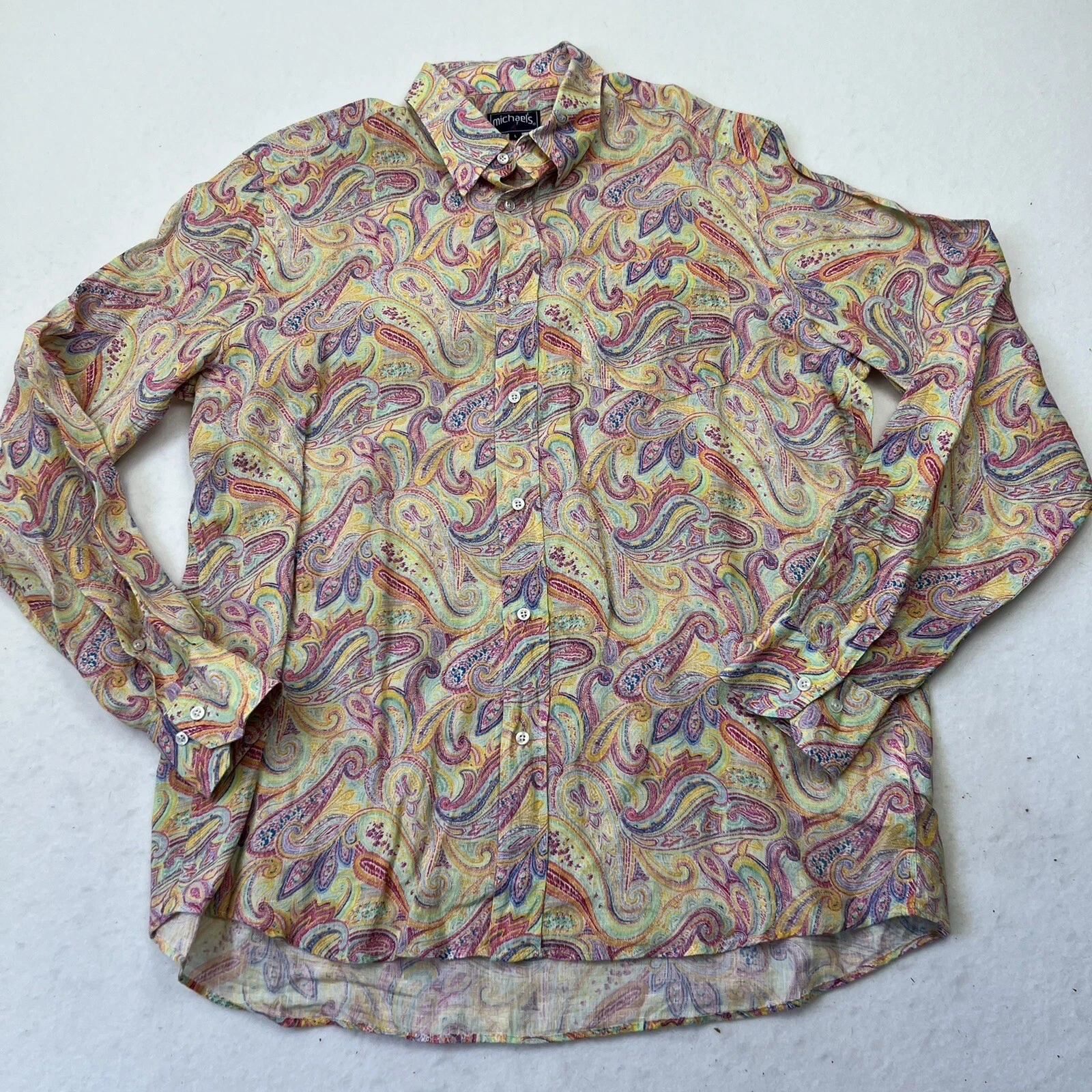 Michael's Linen Shirt Paisley Rainbow Colorful Long Sleeve Beach Cruise Party