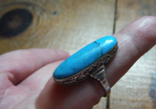 Vintage Sterling Silver Filigree Bezel Ring Oval Veined Turquoise Size 8.75 EUC