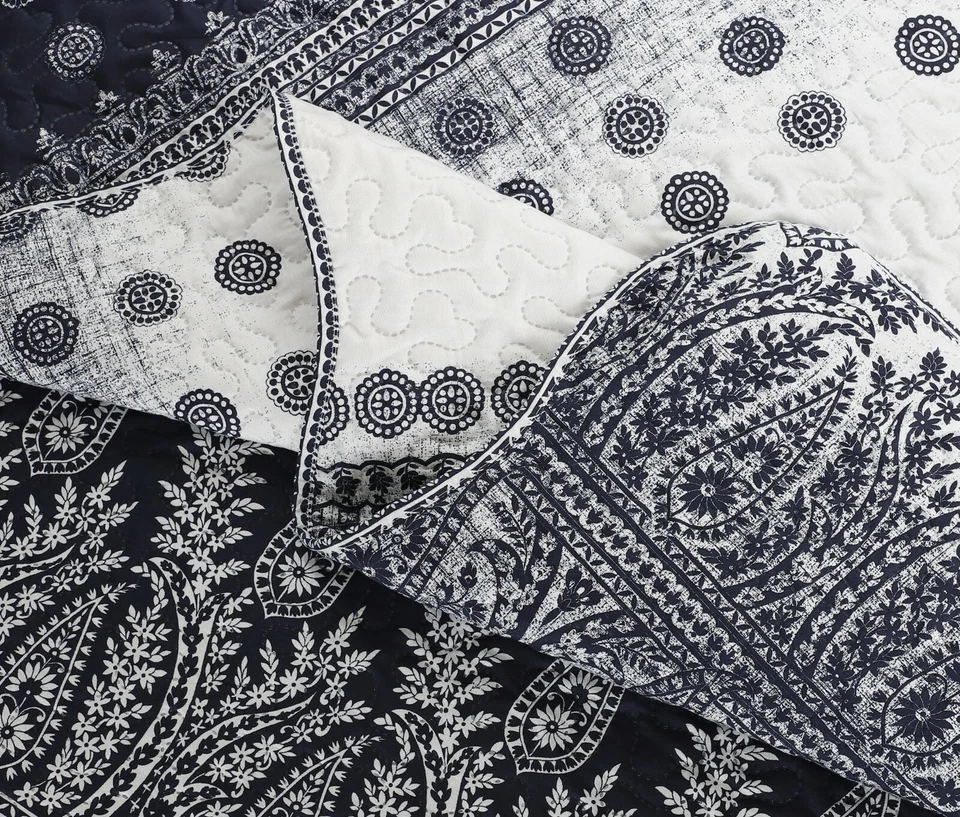 Embossed Pinsonic Printed Bedspread Coverlet Quilt Set Navy Branches Paisley - Image 4 of 4