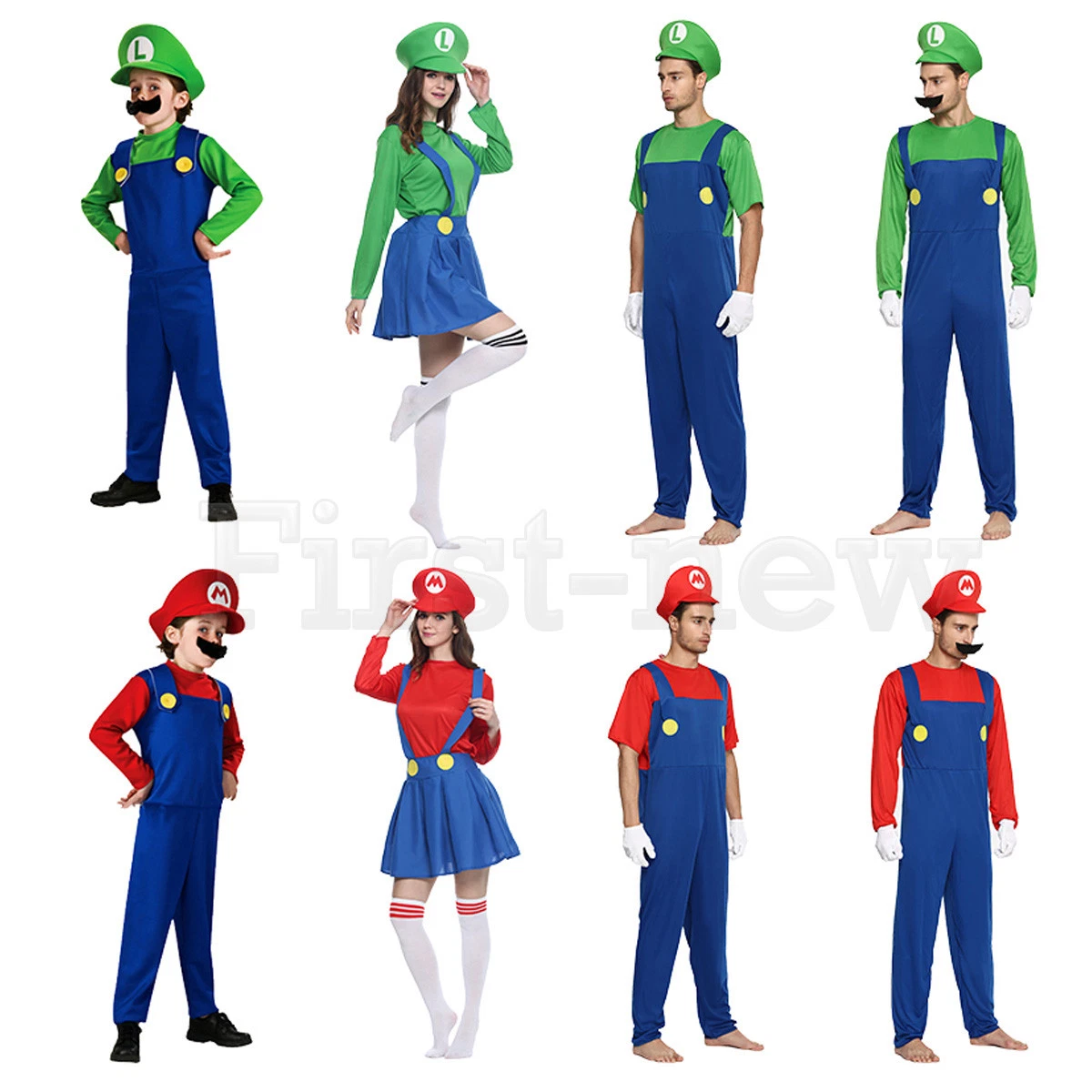 Kids Adult Super Mario Luigi Brothers Jumpsuit Cosplay Costume Carnival  Dress