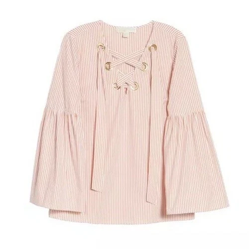 MICHAEL Michael Kors blusa donna rosso bianco a righe con occhielli stringati popeline S