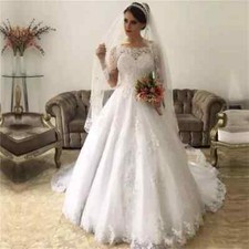 Luxury Lace Tulle Ball Wedding Dresses O-Neck Long Sleeves A-line Bridal Gowns